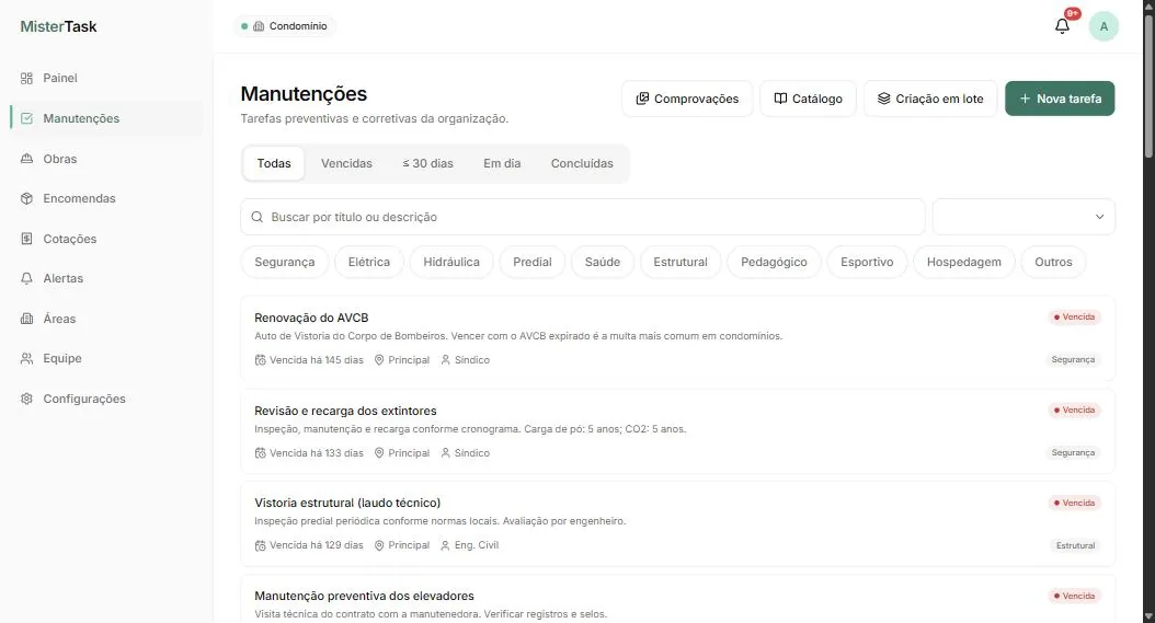 MisterTask — Maintenance by category, with deadline and owner