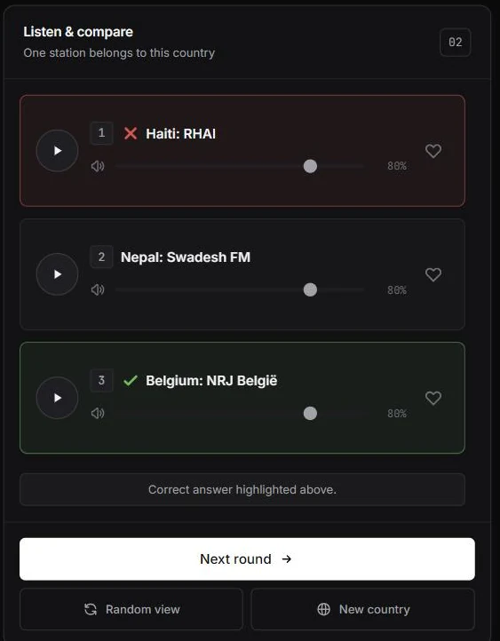 RadioGuess — End of the round, with the right country marked
