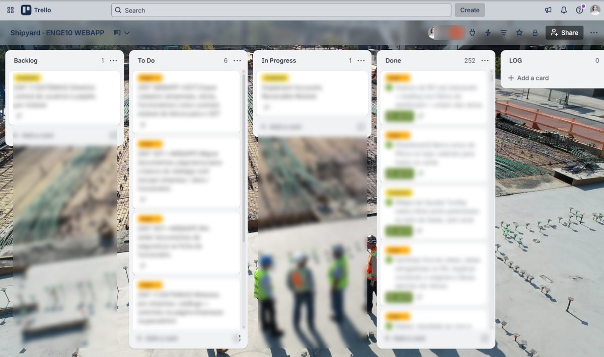 Board do Trello de um projeto real, com as colunas Backlog, To Do, In Progress e Done, esta última com 252 tarefas concluídas
